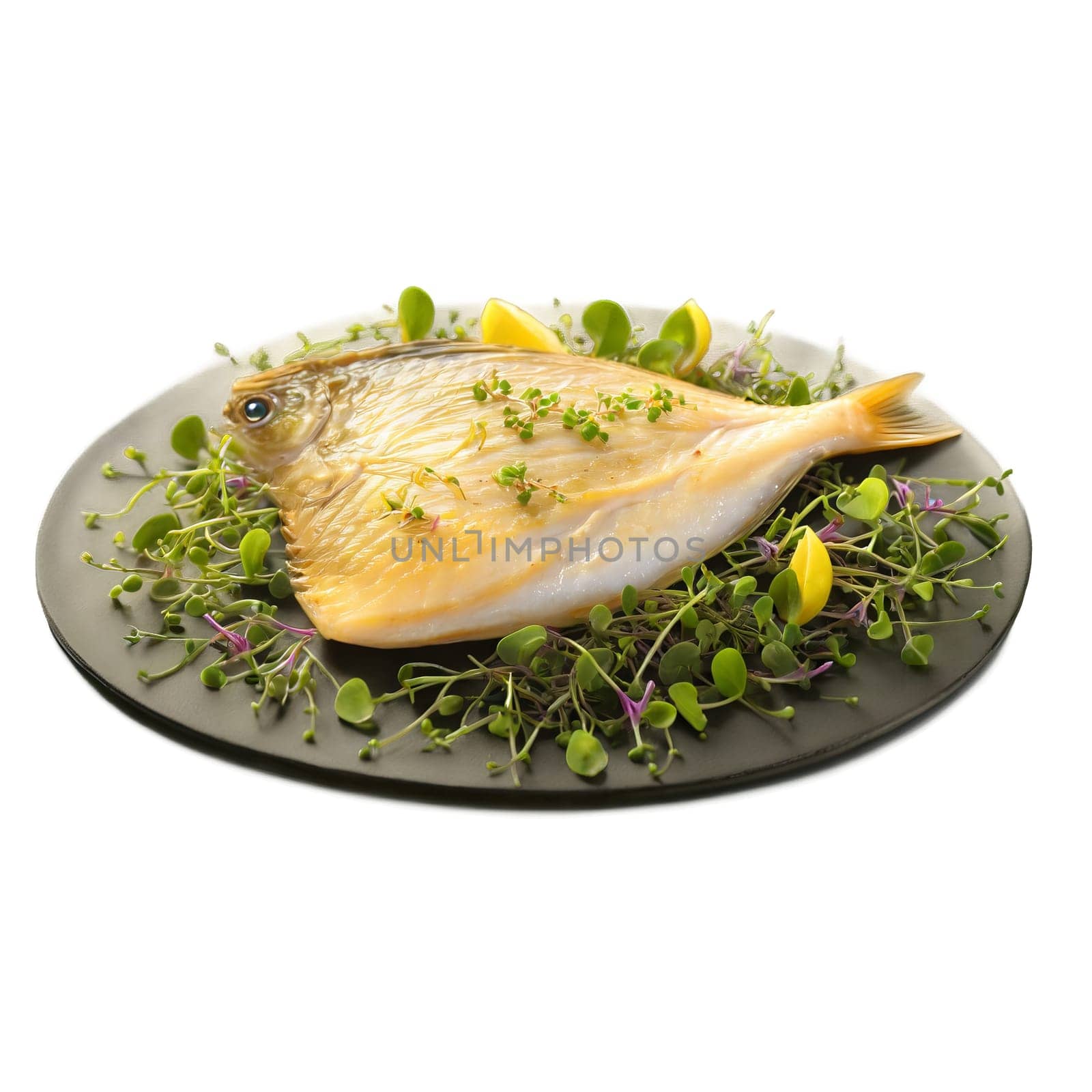 Pan seared John Dory golden brown lemon butter sauce micro greens vibrant colors Culinary and by panophotograph