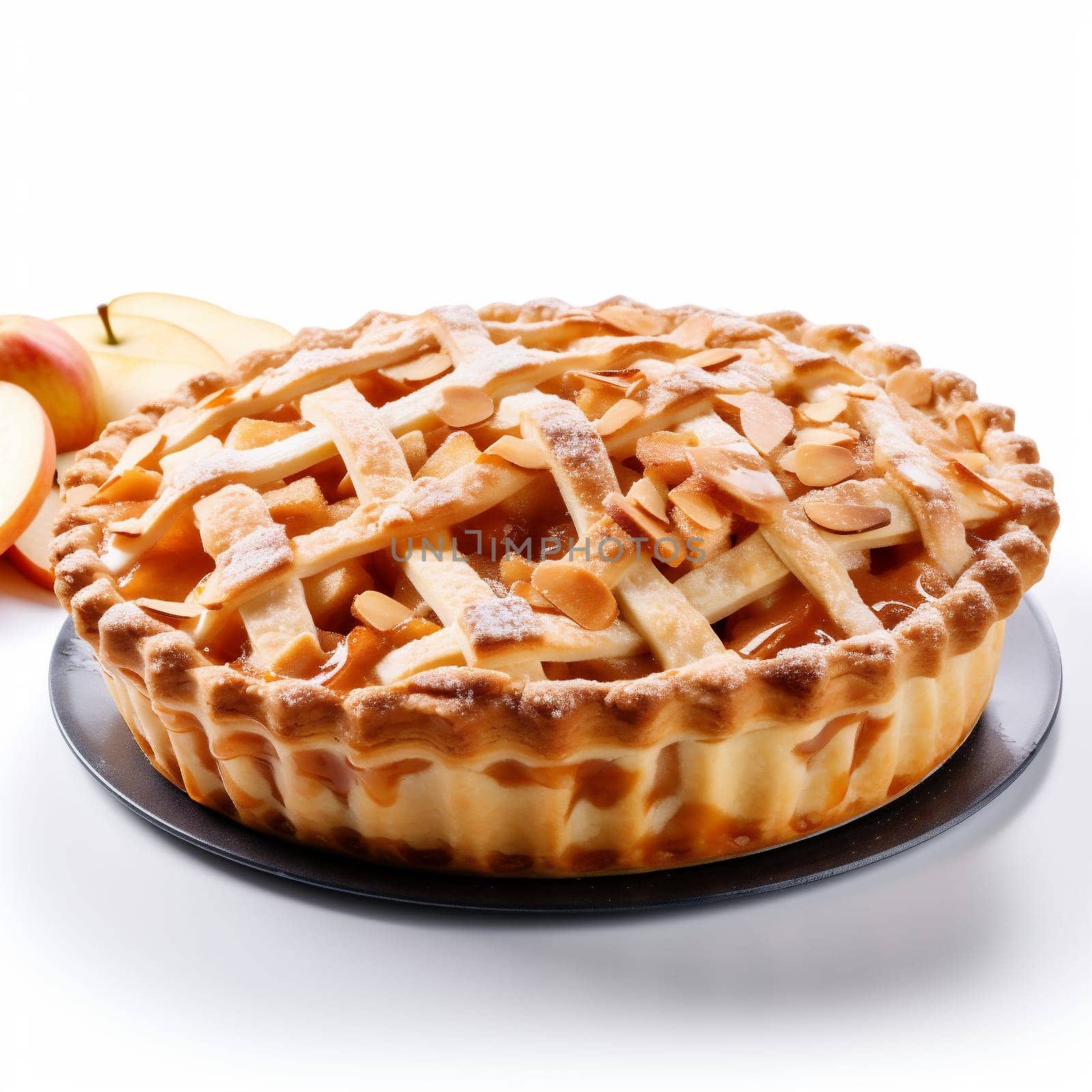 Delicious Traditional Apple Pie Isolated on White Background. Golden Baked Apple Pie with Lattice Decoration. Whole Apple Pie.