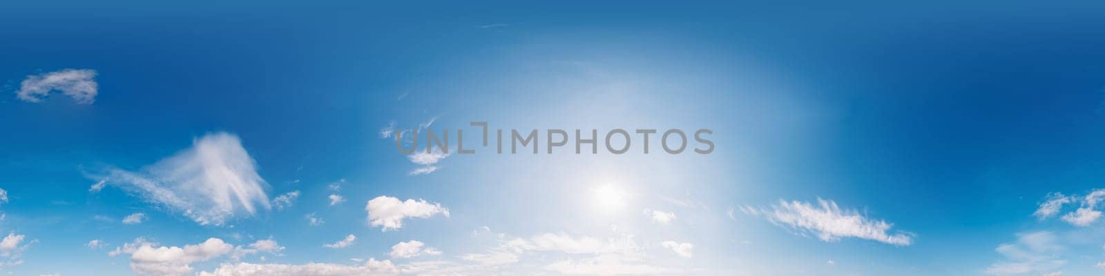 Clear blue summer sky panorama with Cumulus clouds. Seamless hdr spherical 360 panorama. Sky dome in 3D visualization, sky replacement for aerial drone 360 panoramas. Weather and climate change by panophotograph