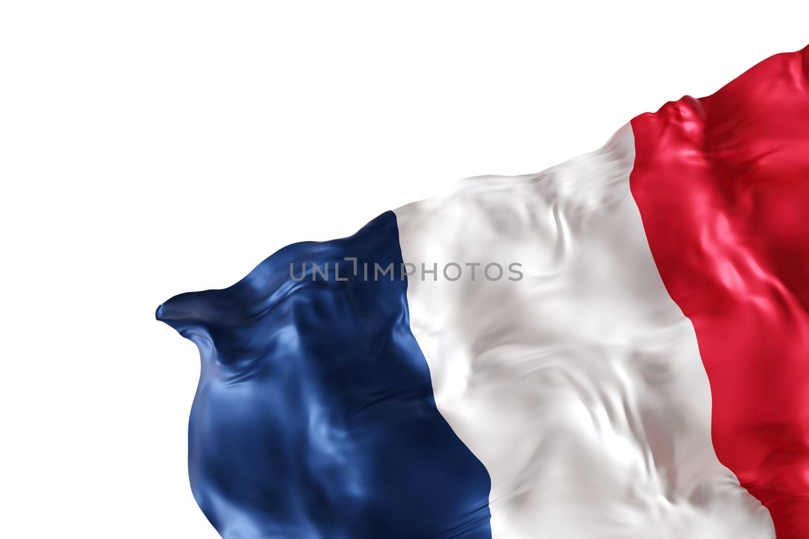 Realistic flag of France with folds, isolated on white background. Footer, corner design element. Cut out. Perfect for patriotic themes or national event promotions. Empty, copy space. 3D render. by creativebird