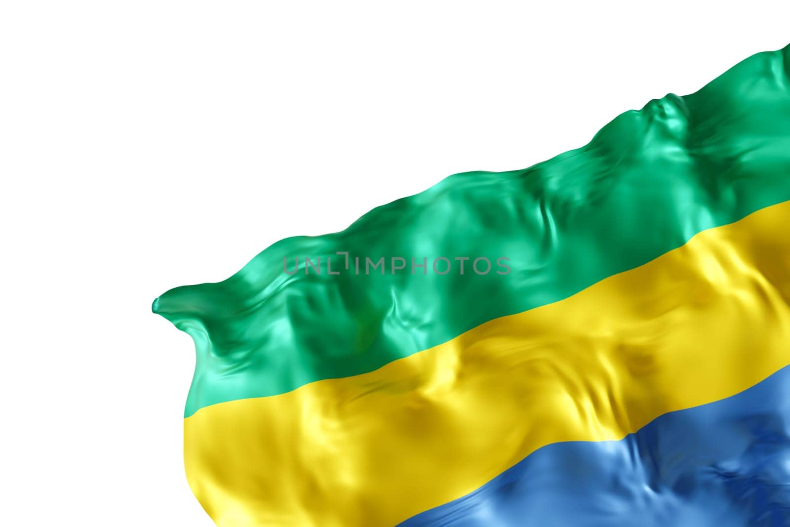 Realistic flag of Gabon with folds, isolated on white background. Footer, corner design element. Cut out. Perfect for patriotic themes or national event promotions. Empty, copy space. 3D render