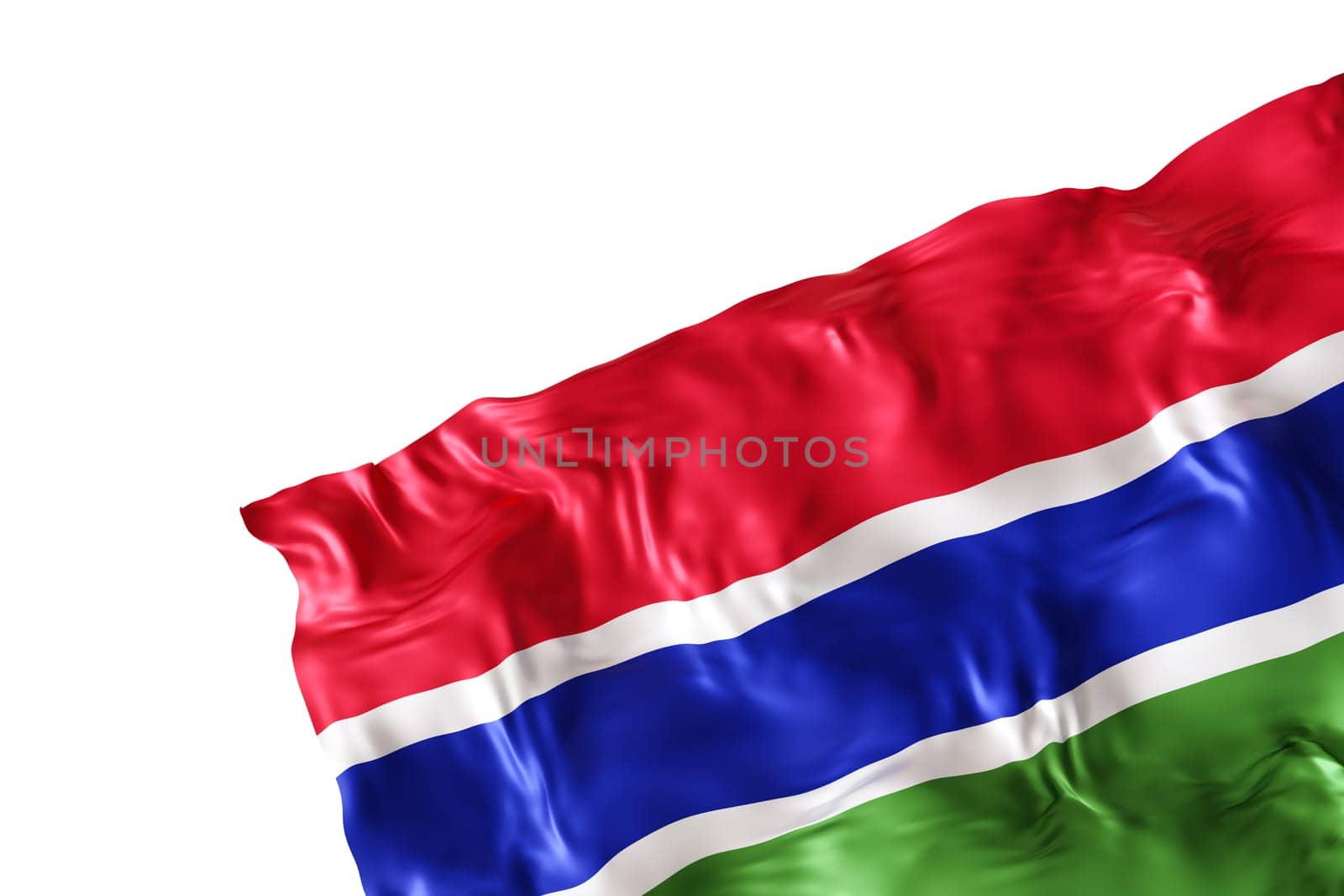 Realistic flag of Gambia with folds, isolated on white background. Footer, corner design element. Cut out. Perfect for patriotic themes or national event promotions. Empty, copy space. 3D render