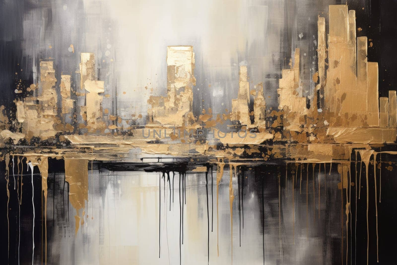 The abstract picture of the gold, grey and black colour that has been painted or splashed on the white blank background wallpaper to form random shape that cannot be describe yet beautiful. AIGX01.