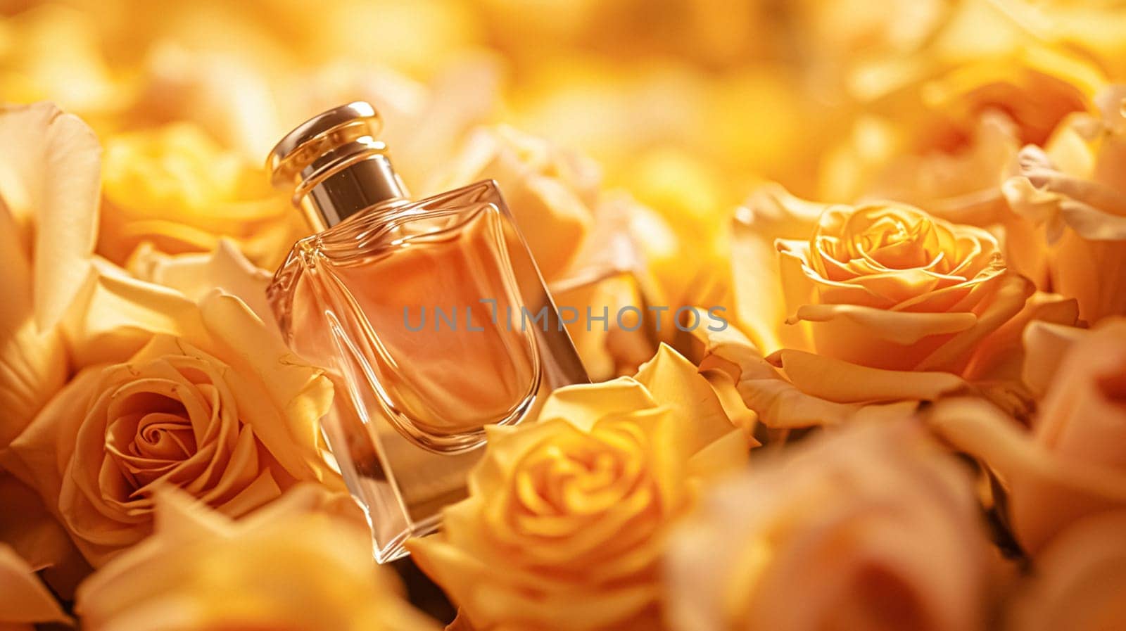 Perfume bottle in flowers, fragrance on blooming background, floral scent and cosmetic product by Anneleven
