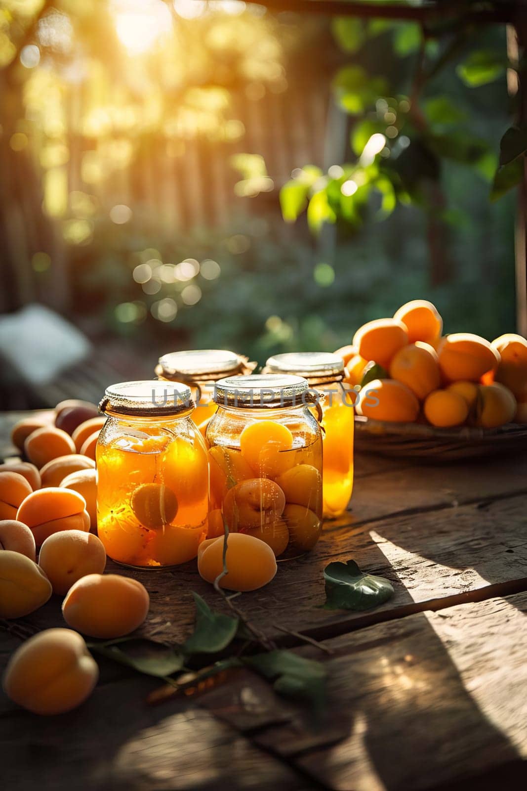 Apricot jam in the garden. Selective focus. by mila1784