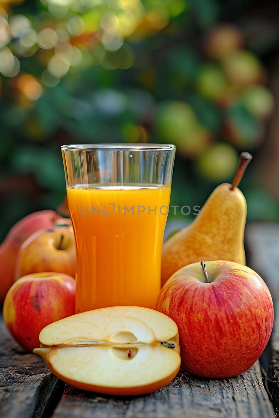 Apple juice on a table in the garden. Selective focus. Food.