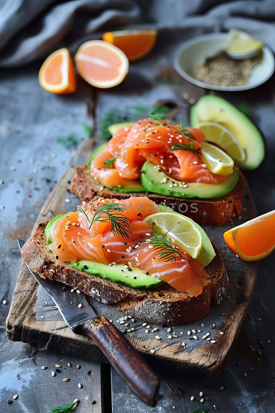 sandwich with avocado and red fish. Selective focus. by mila1784