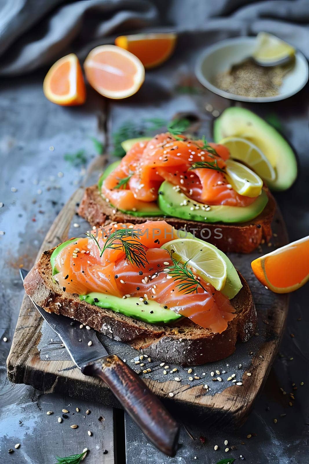 sandwich with avocado and red fish. Selective focus. eat.