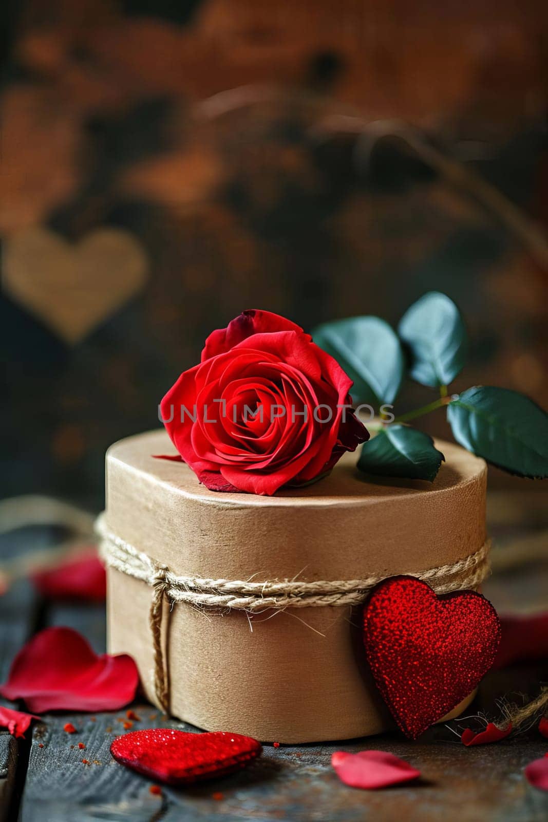 Gift heart and red rose. Selective focus. Valentine.