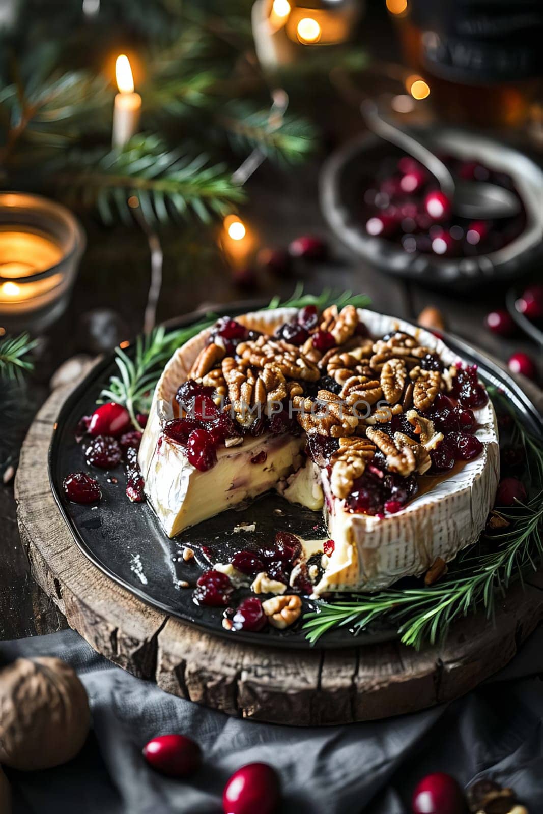 Camembert cheese with jam and nuts. Selective focus. by mila1784