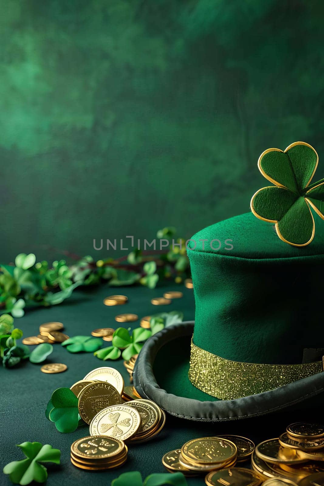 Green background and coins for St. Patrick's Day. Selective focus. Holiday.