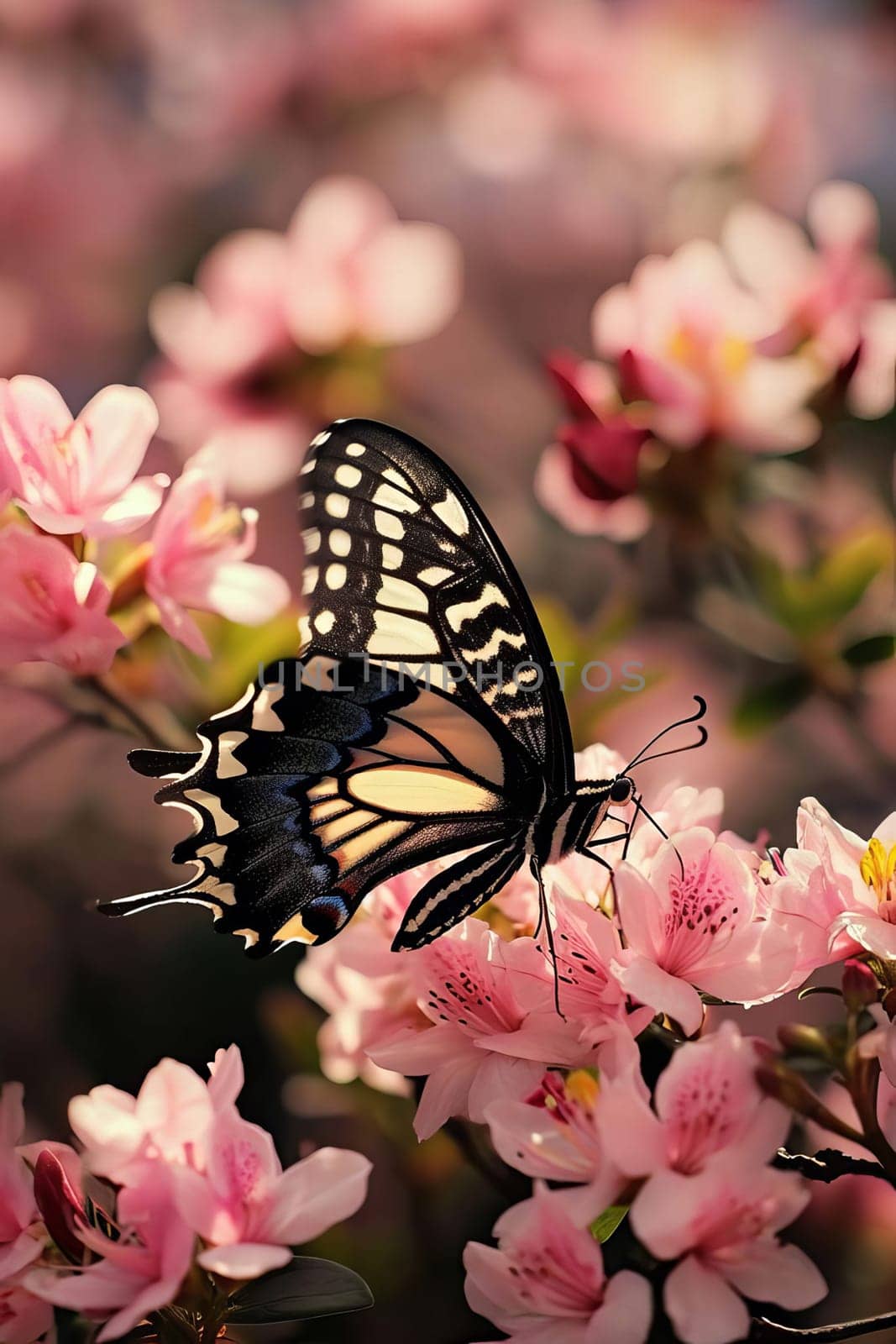 Beautiful butterflies on delicate pink flowers. Nature selective focus. Generative AI,