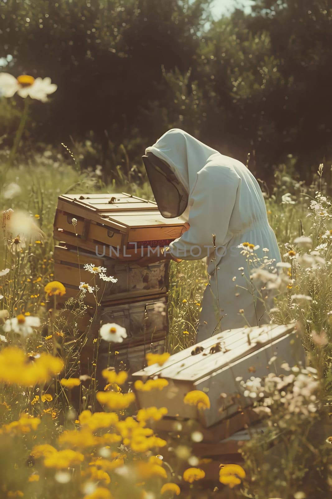 Apiaries and a beehive in the meadow. Selective focus. Nature.