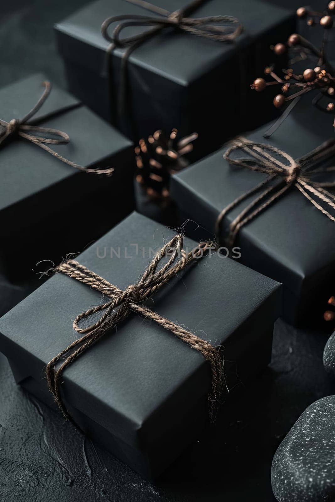 black gift boxes. Selective focus holiday