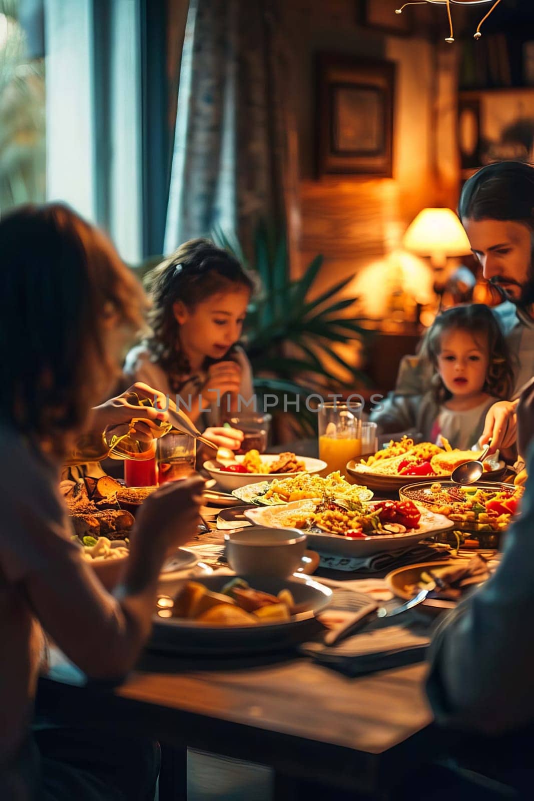 the family eats at the table. Selective focus. food.