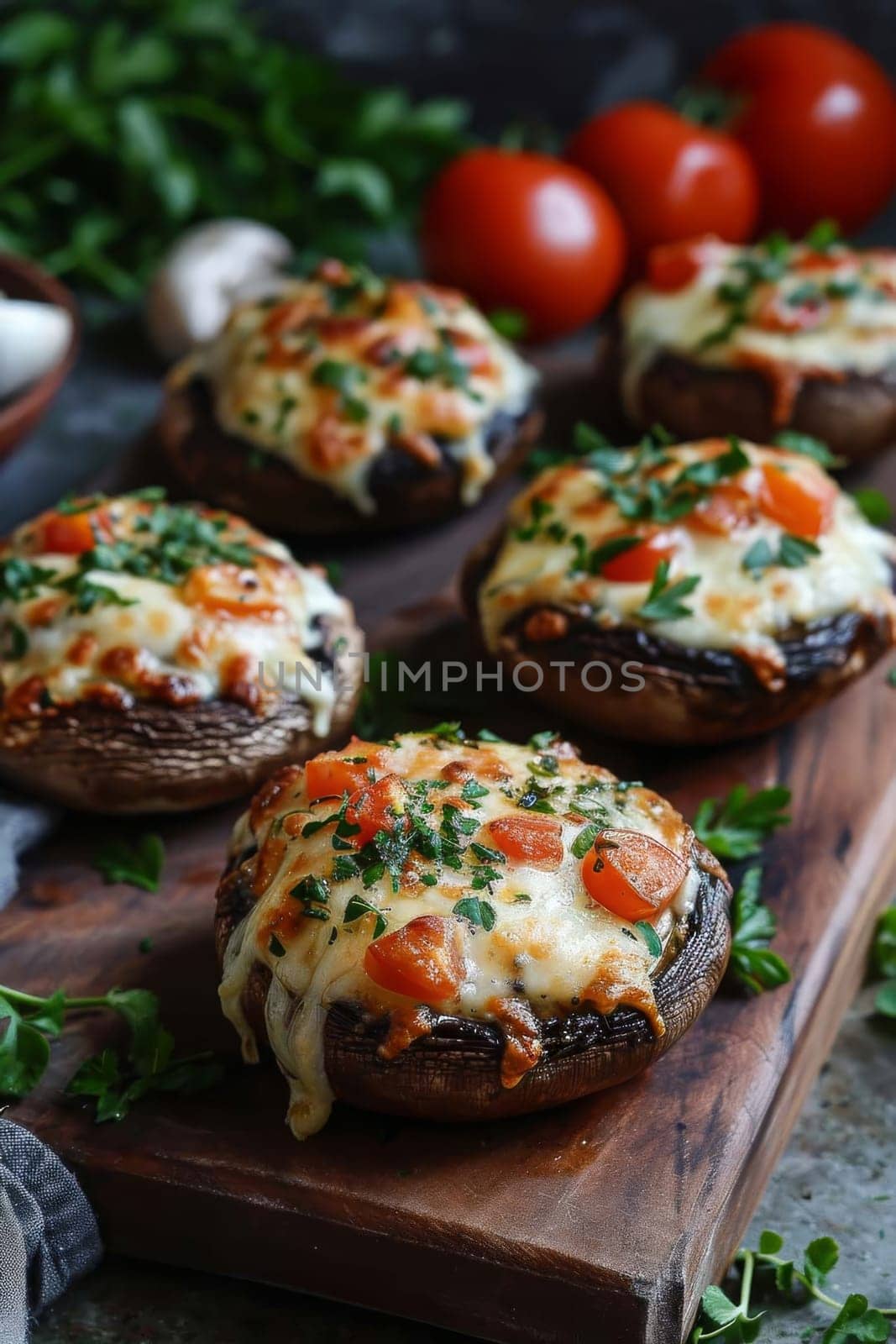 mushroom caps baked with cheese. Selective focus. food.