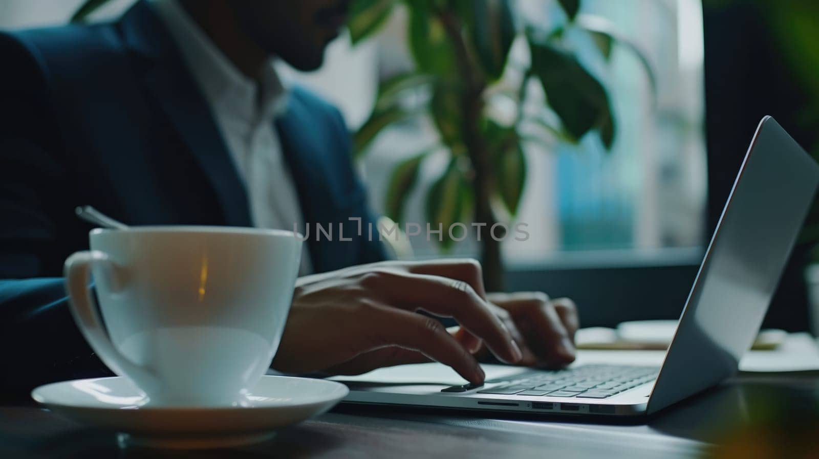 Close up of smart business man hands working on laptop at modern office. Skilled project manager using computer to plan marketing strategy or looking at financial statistic while wearing suit. AIG42.