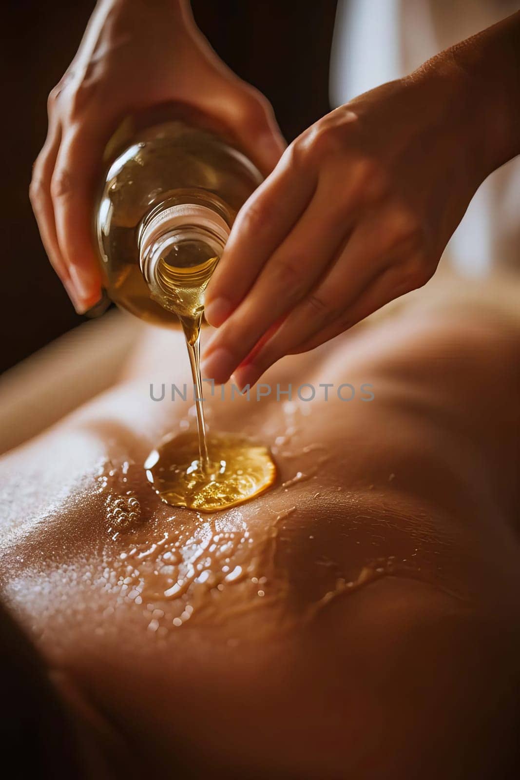 Cosmetic oil in a spa salon on a woman's back. Selective focus. People.