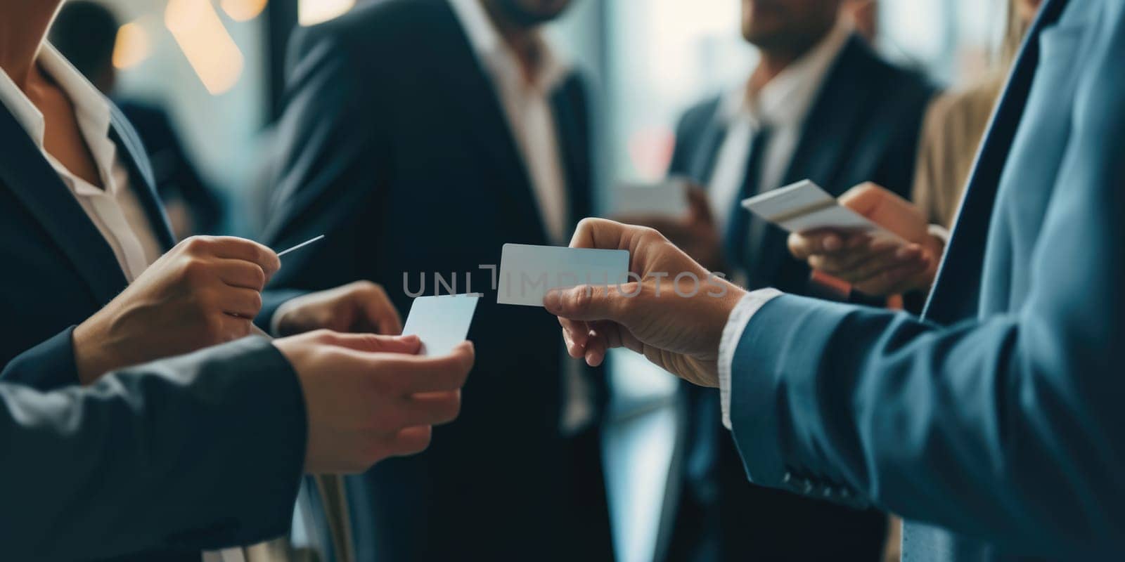 Group of professional multicultural business people hands exchanging name card at meeting. Start up business team working together and giving contract to the other. Corporate networking people. AIG42.
