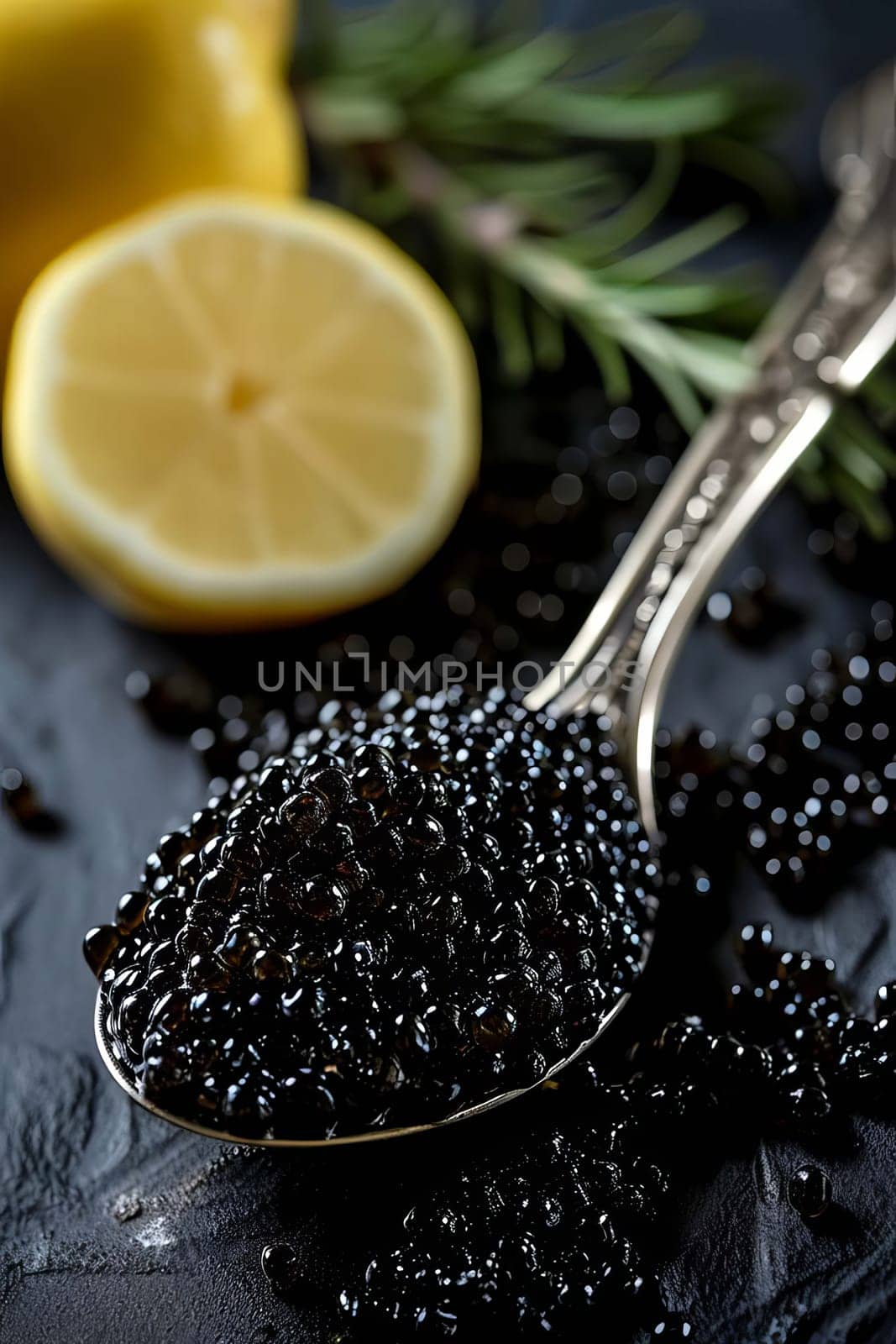 Black caviar and lemon. Selective focus. Food.
