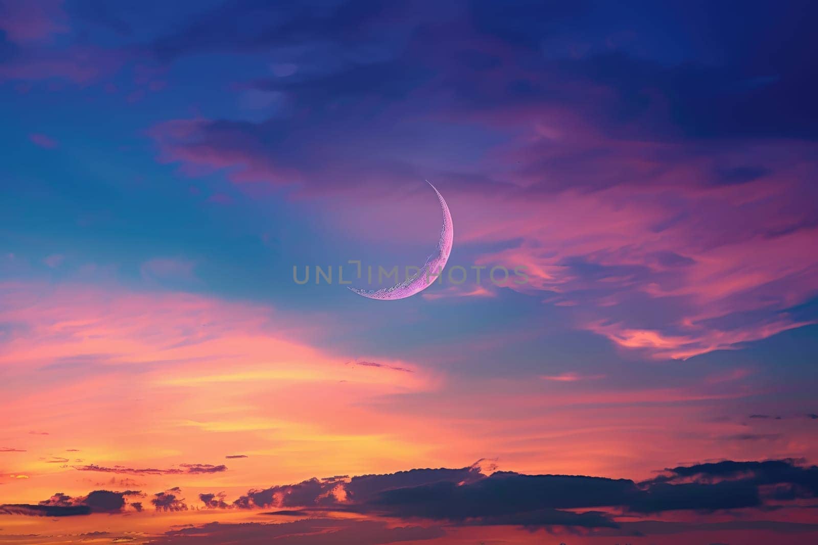 Pink crescent moon in the blue sky with orange and purple clouds AIG51A.