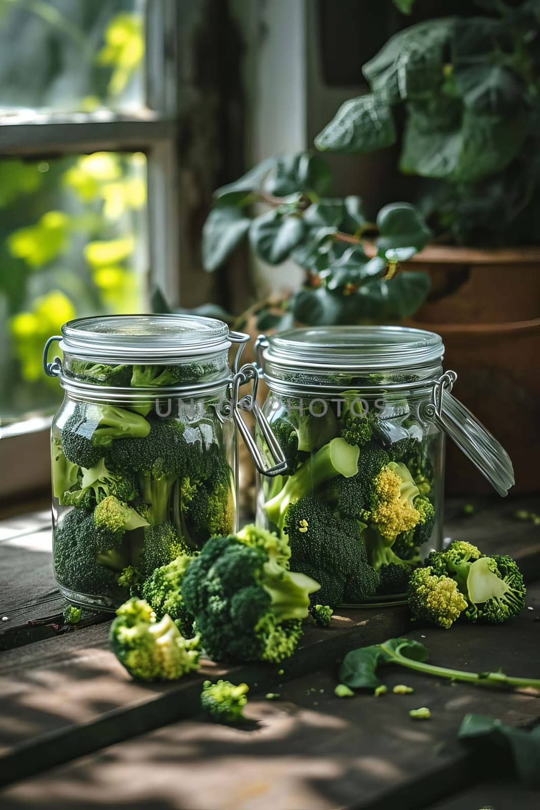 Broccoli canning in the garden. Selective focus. Food.