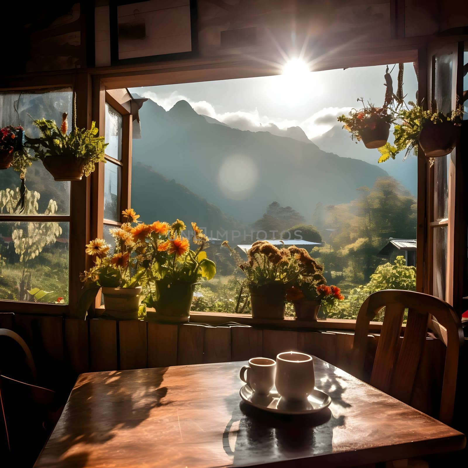 A table displays elegantly arranged dishes against a backdrop of majestic mountain ranges visible through the window, creating a stunning dining experience.