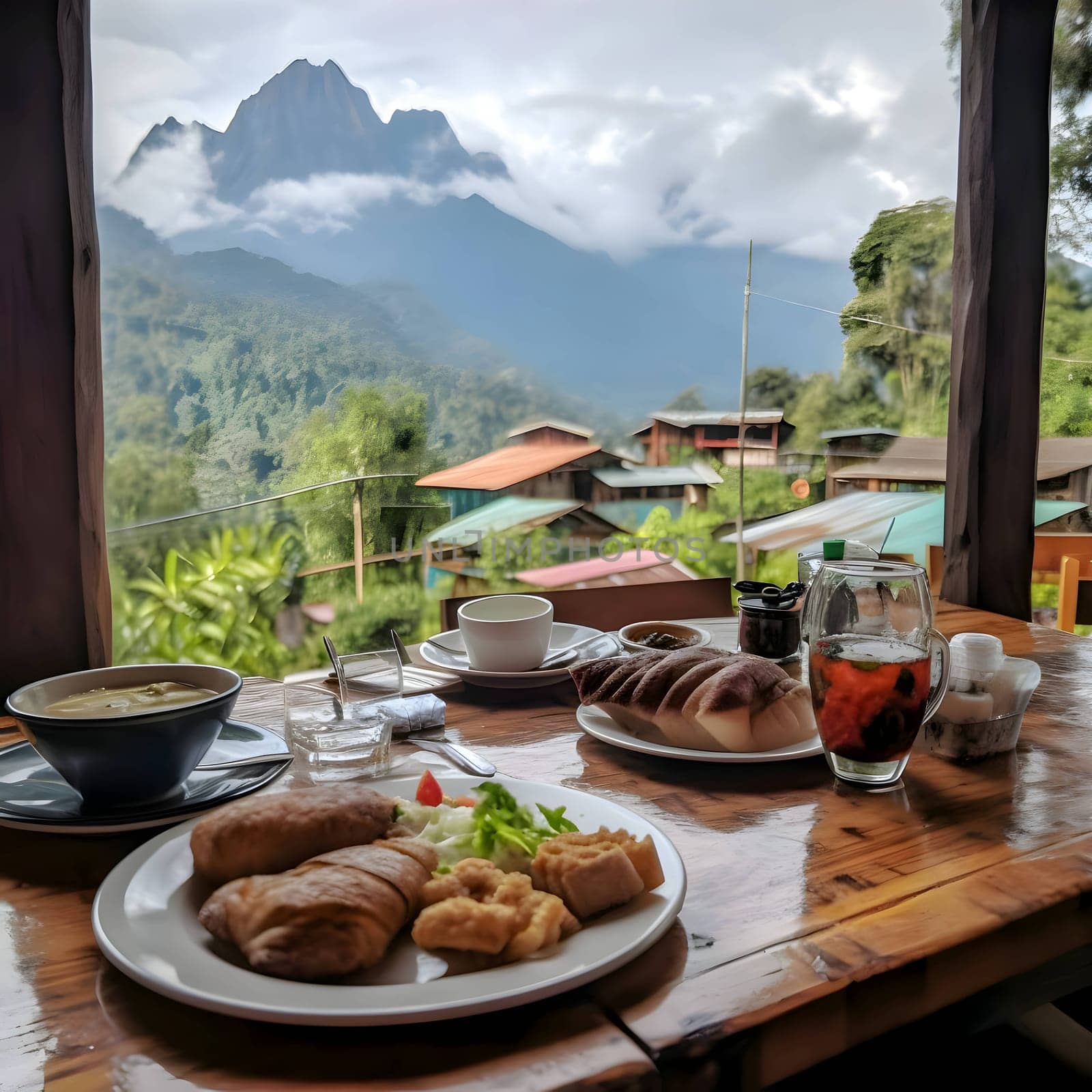 A table displays elegantly arranged dishes against a backdrop of majestic mountain ranges visible through the window, creating a stunning dining experience.