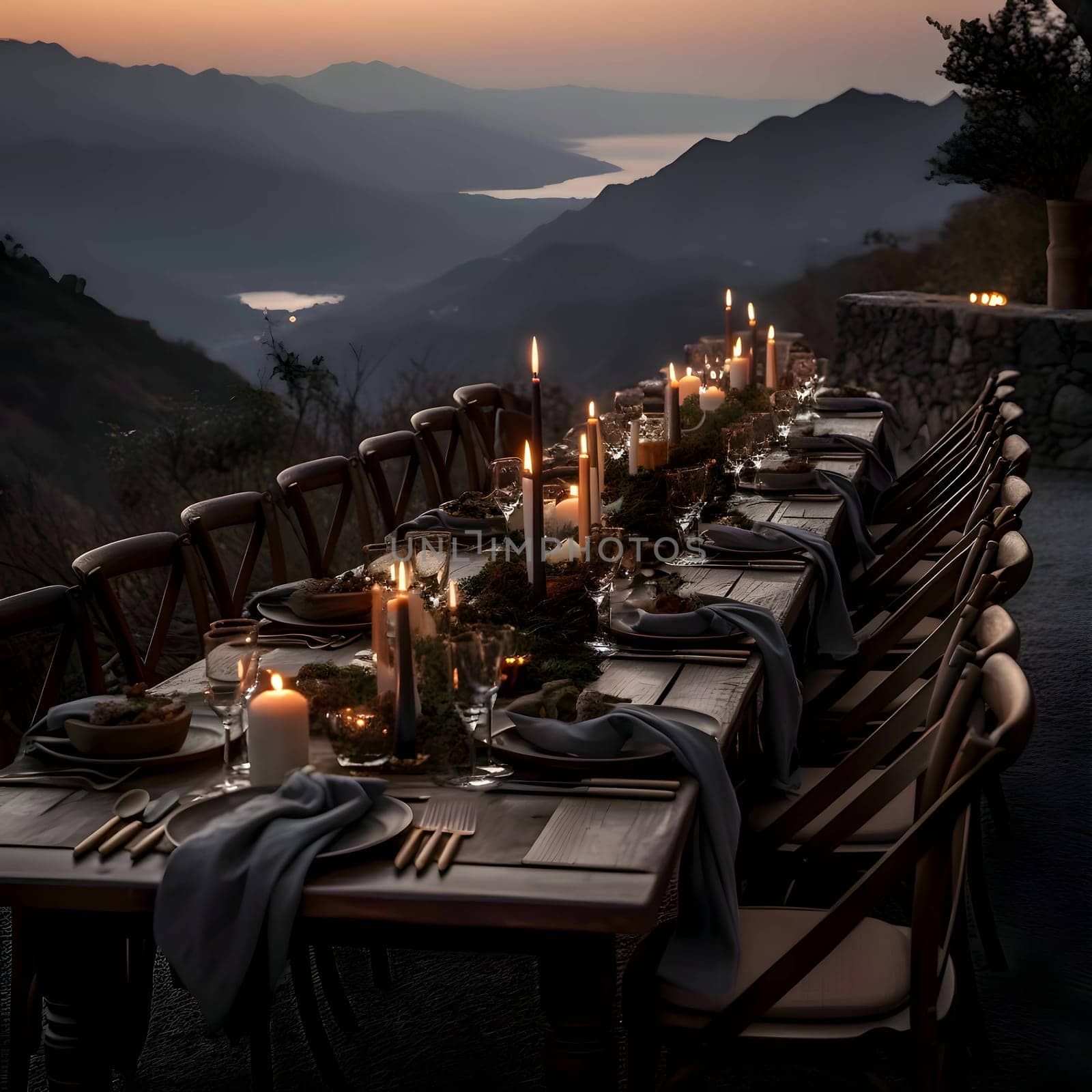 An elegantly set table overlooks mountains and a lake. Lit candles add to the romantic ambiance in this scenic setting.