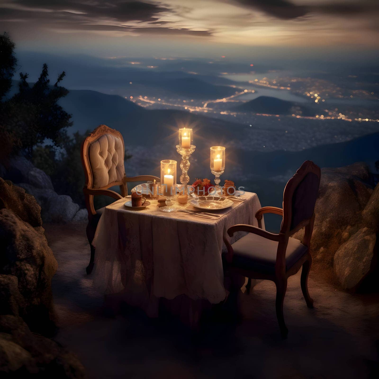 An elegantly set table overlooks mountains and a lake. Lit candles add to the romantic ambiance in this scenic setting.