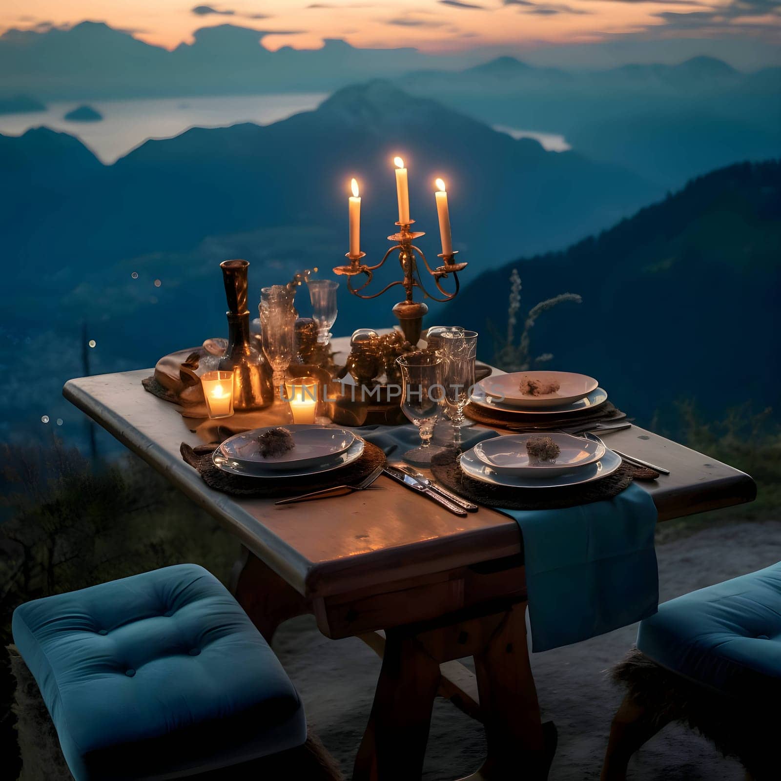 An elegantly set table overlooks mountains and a lake. Lit candles add to the romantic ambiance in this scenic setting.