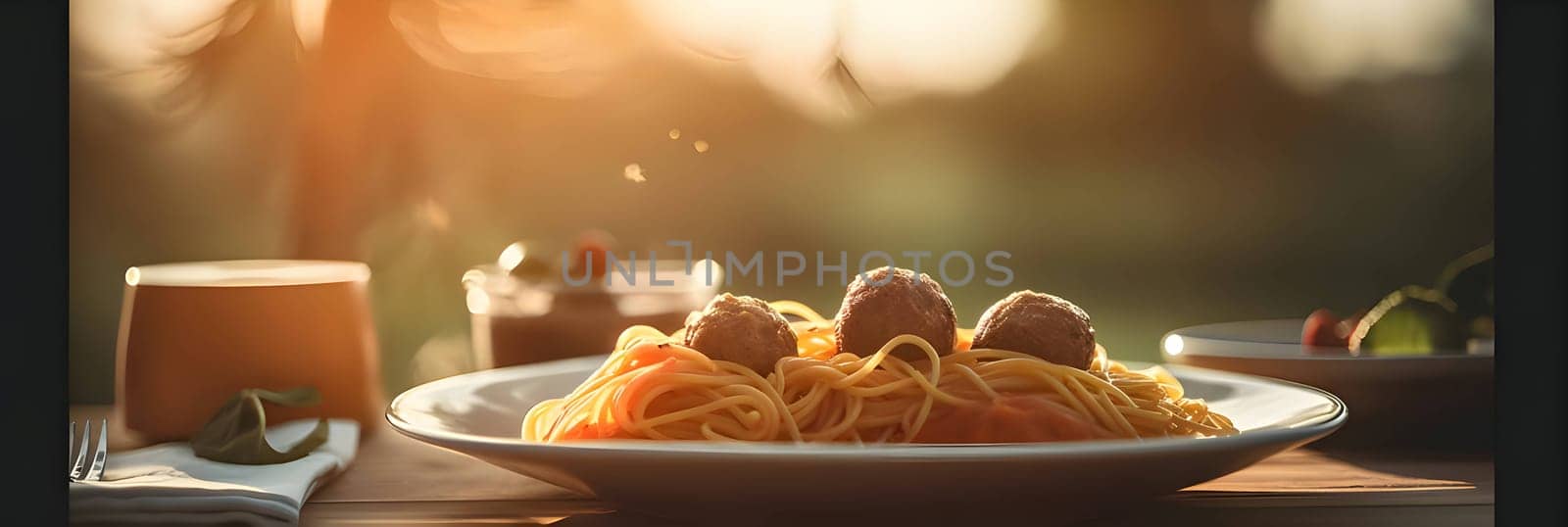 A plate of pasta and pulps on a wooden table top, close-up photo. by ThemesS