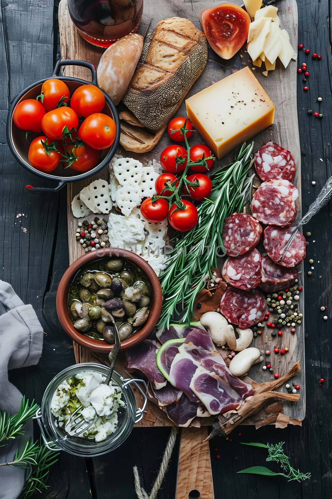 different delicious food on the board. Selective focus. by mila1784