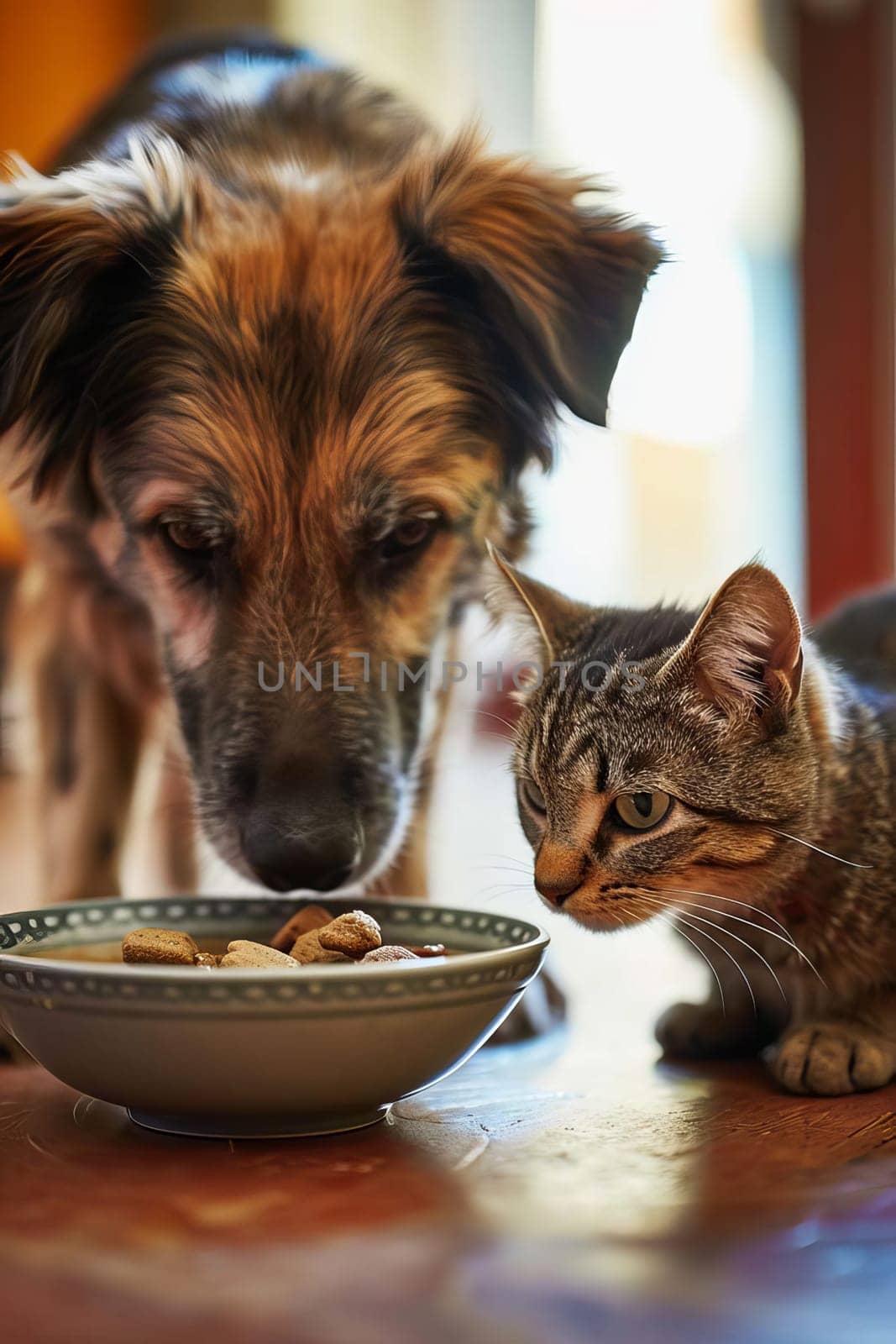 a dog and a cat eat from the same plate. Selective focus. by mila1784