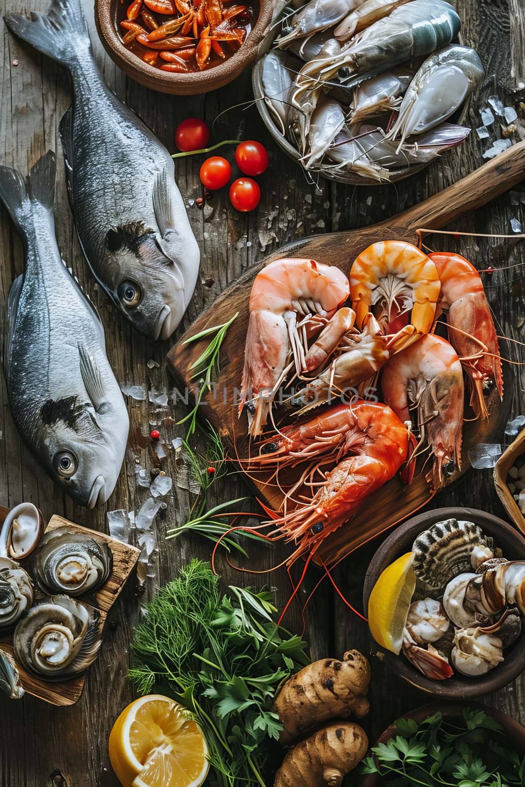 Various seafood on a wooden background. Selective focus. Food.