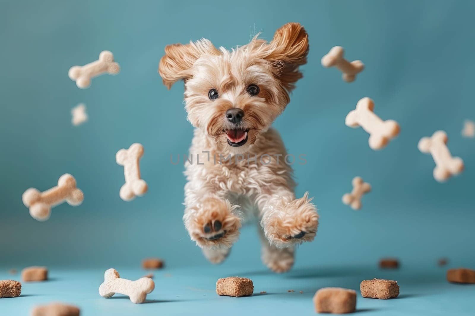 A dog surrounded with floating bone, Dog Biscuits, Professional studio photography.