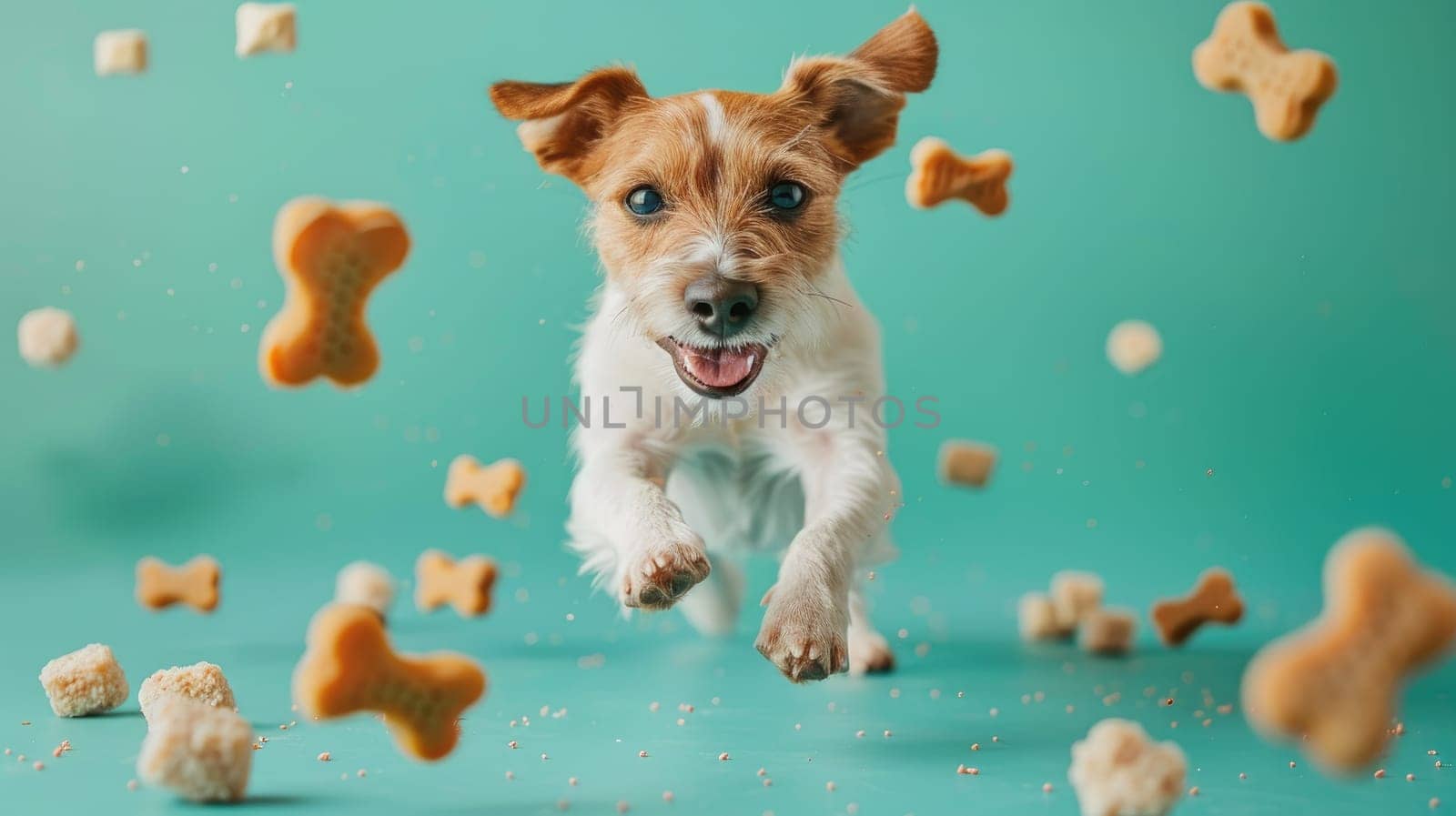 A dog surrounded with floating bone, Dog Biscuits, Professional studio photography.