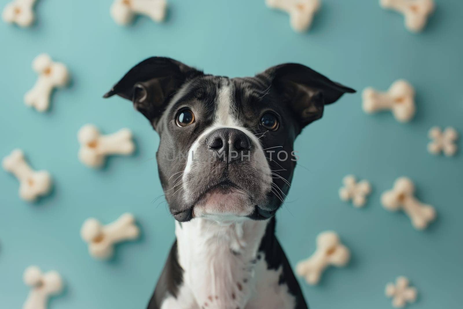 A dog surrounded with floating bone, Dog Biscuits, Professional studio photography by nijieimu