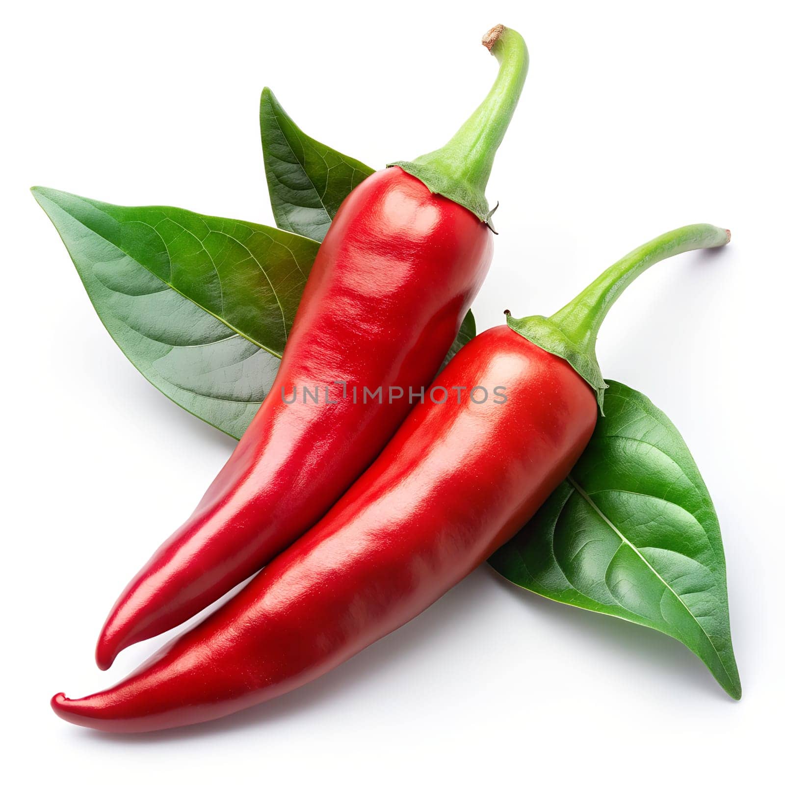 Red chili pepper with leaves, on white background, AI generated. by Margo