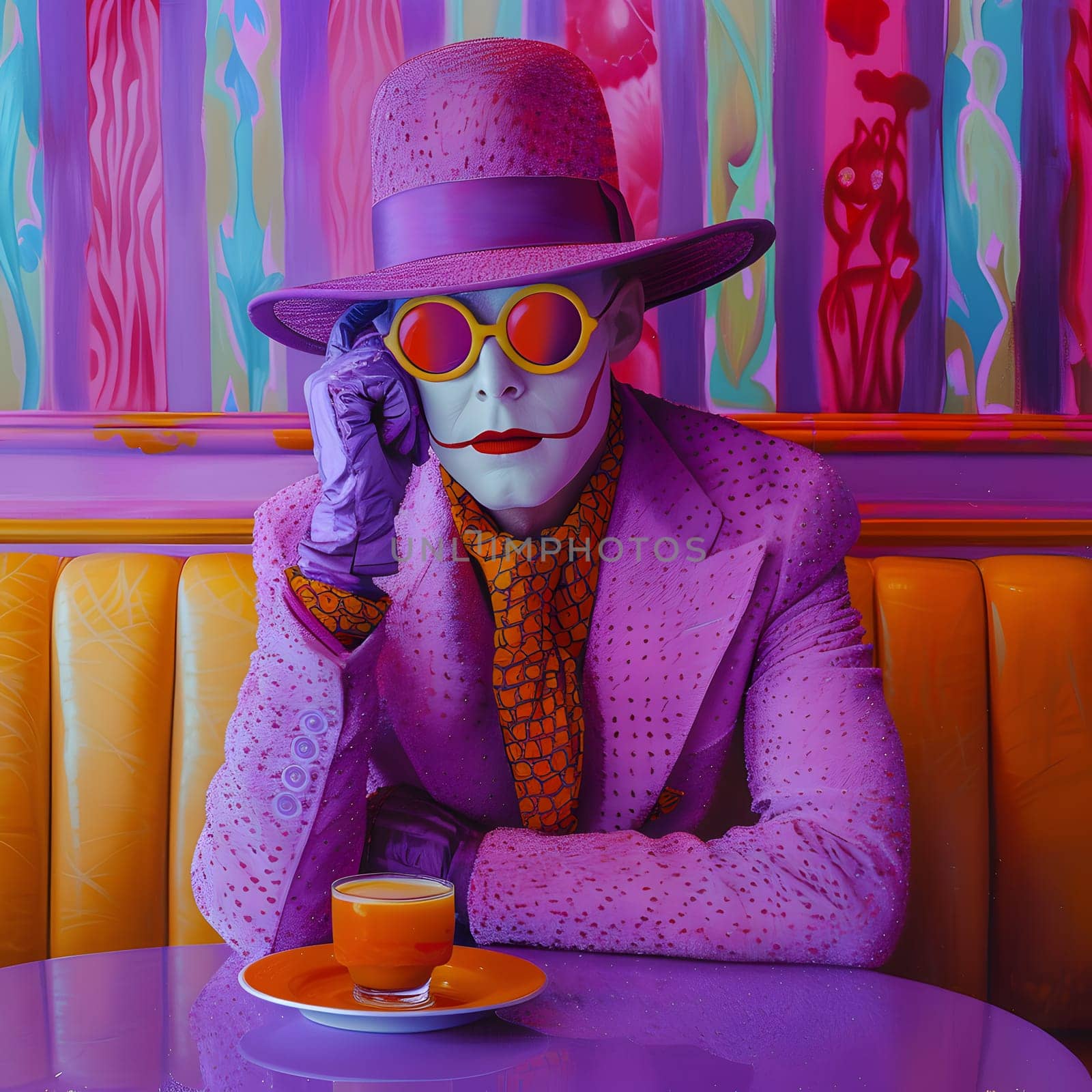 A man in a violet suit and a sun hat sits at a table with a cup of coffee. The Tableware is set up nicely with Serveware. His Costume hat adds a touch of entertainment to the scene