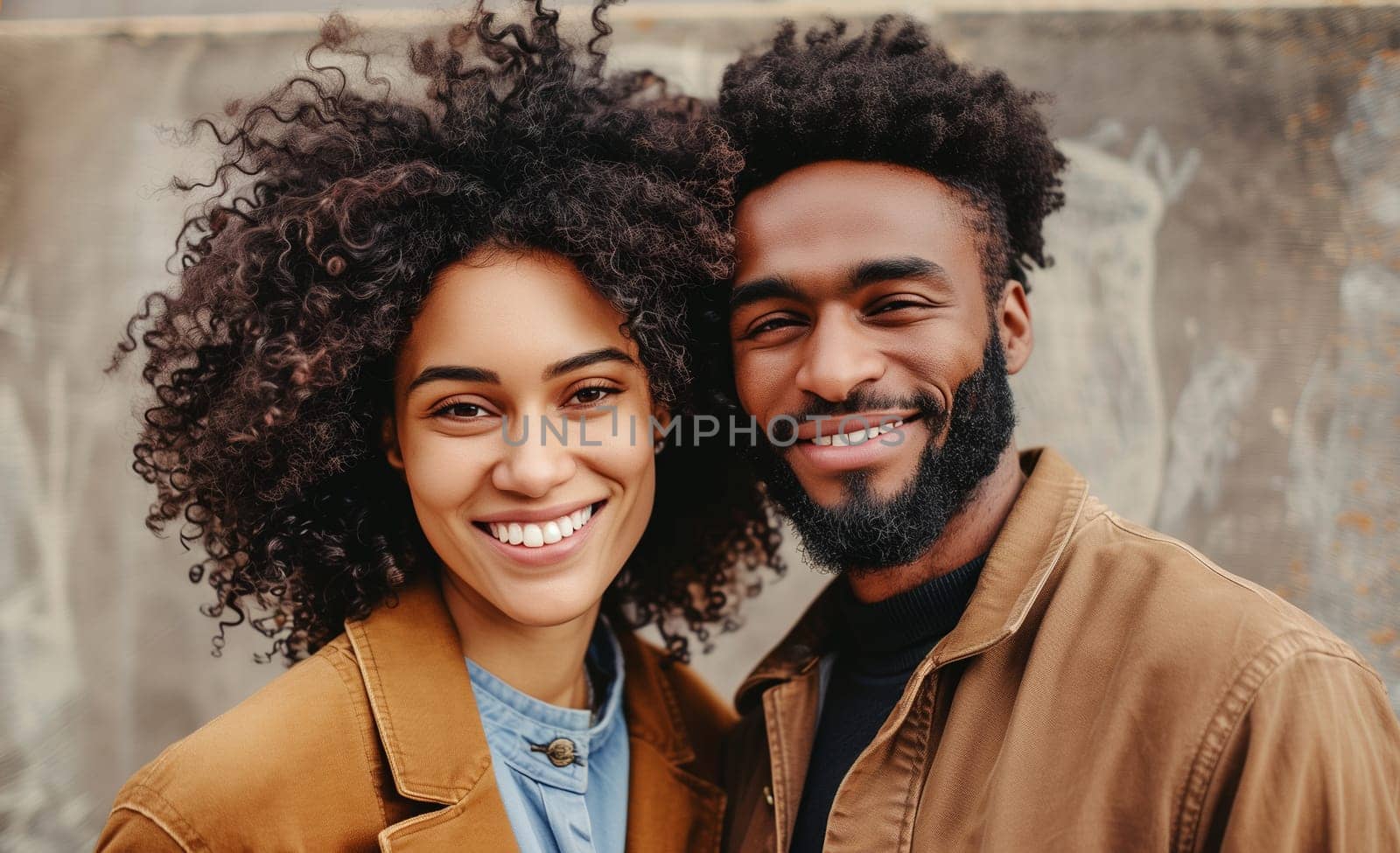Portrait of modern happy young African couple with curly hair, beautiful woman and man together in the city