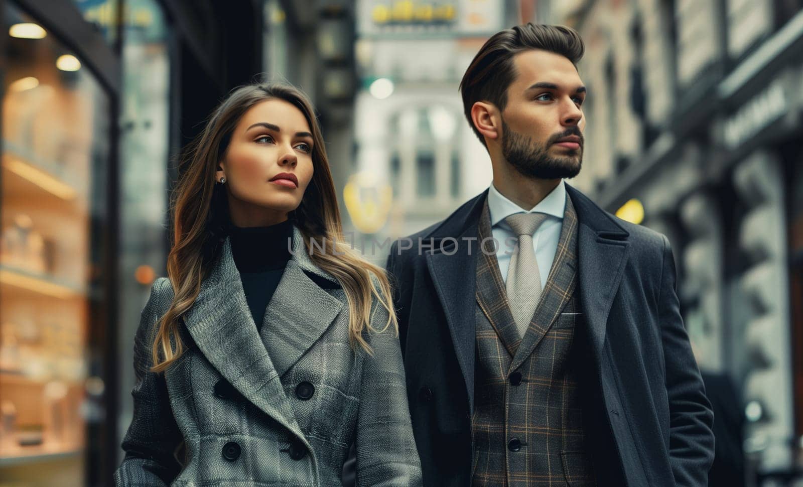Fashionable portrait of stylish beautiful woman and man in suit, modern young couple posing together on city street