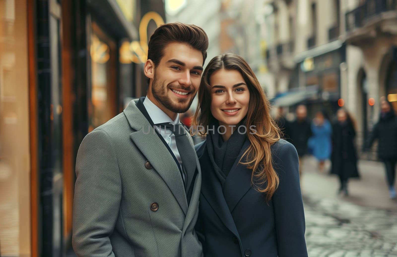 Fashionable portrait of stylish beautiful woman and man in suit, modern happy smiling young couple posing together on city street