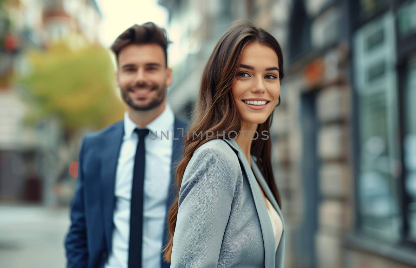 Portrait of beautiful happy smiling young woman and man in business suit, couple coworkers together on city street