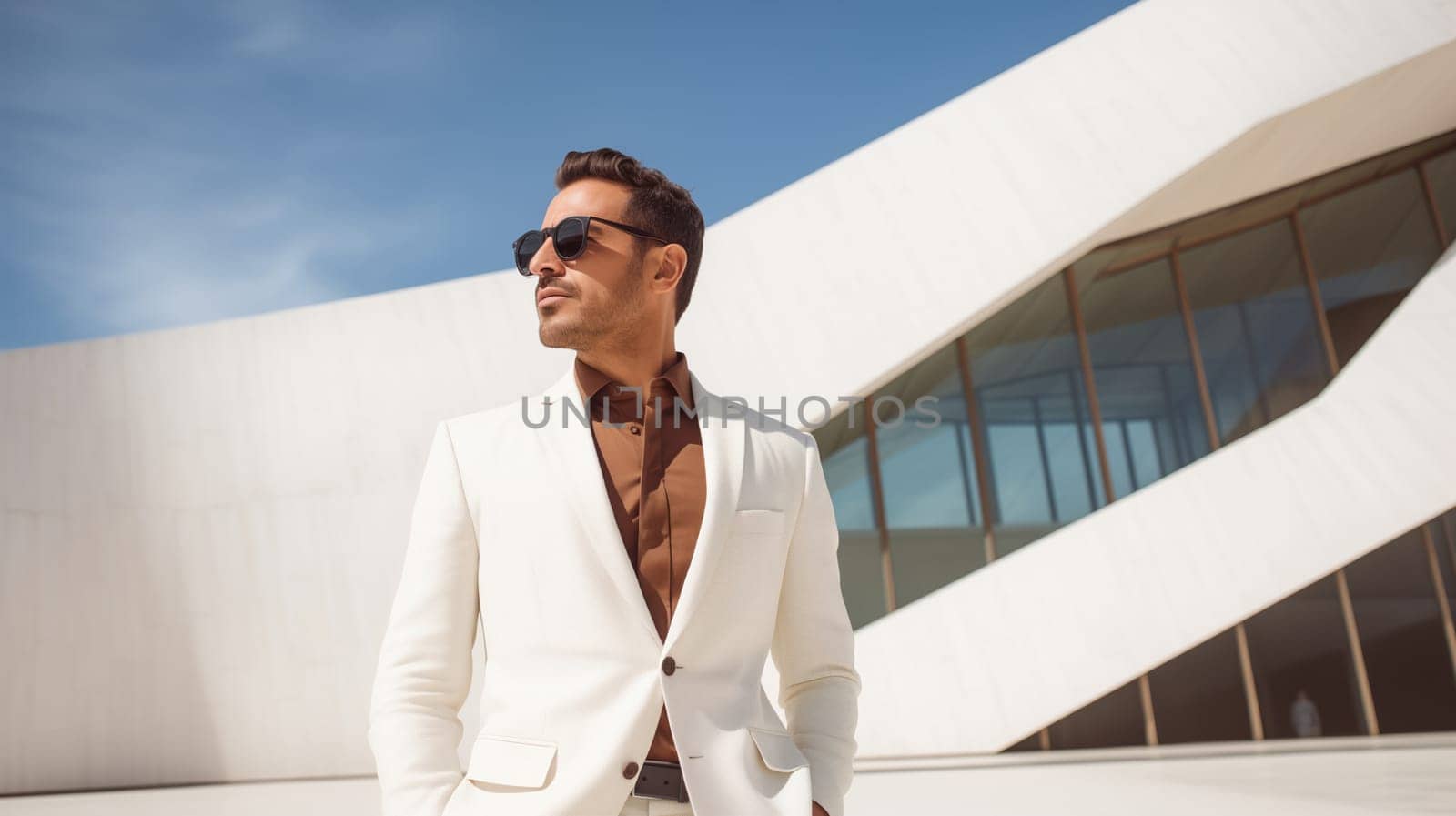 Fashion concept of successful stylish elegant man in white business suit looking away against the minimalism design architecture of a modern art museum building