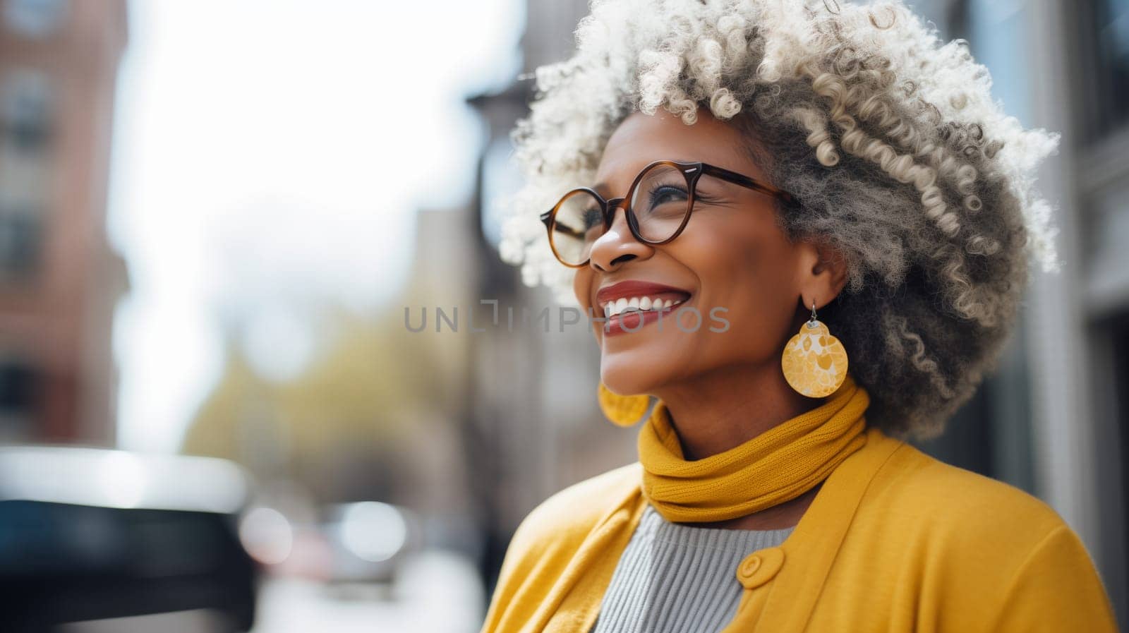 Portrait of stylish happy smiling mature black business woman standing in the city, wearing glasses, casual clothes, accessory and looking away