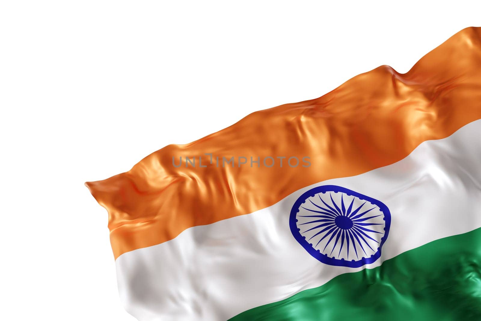 Realistic flag of India with folds, isolated on white background. Footer, corner design element. Cut out. Perfect for patriotic themes or national event promotions. Empty, copy space. 3D render