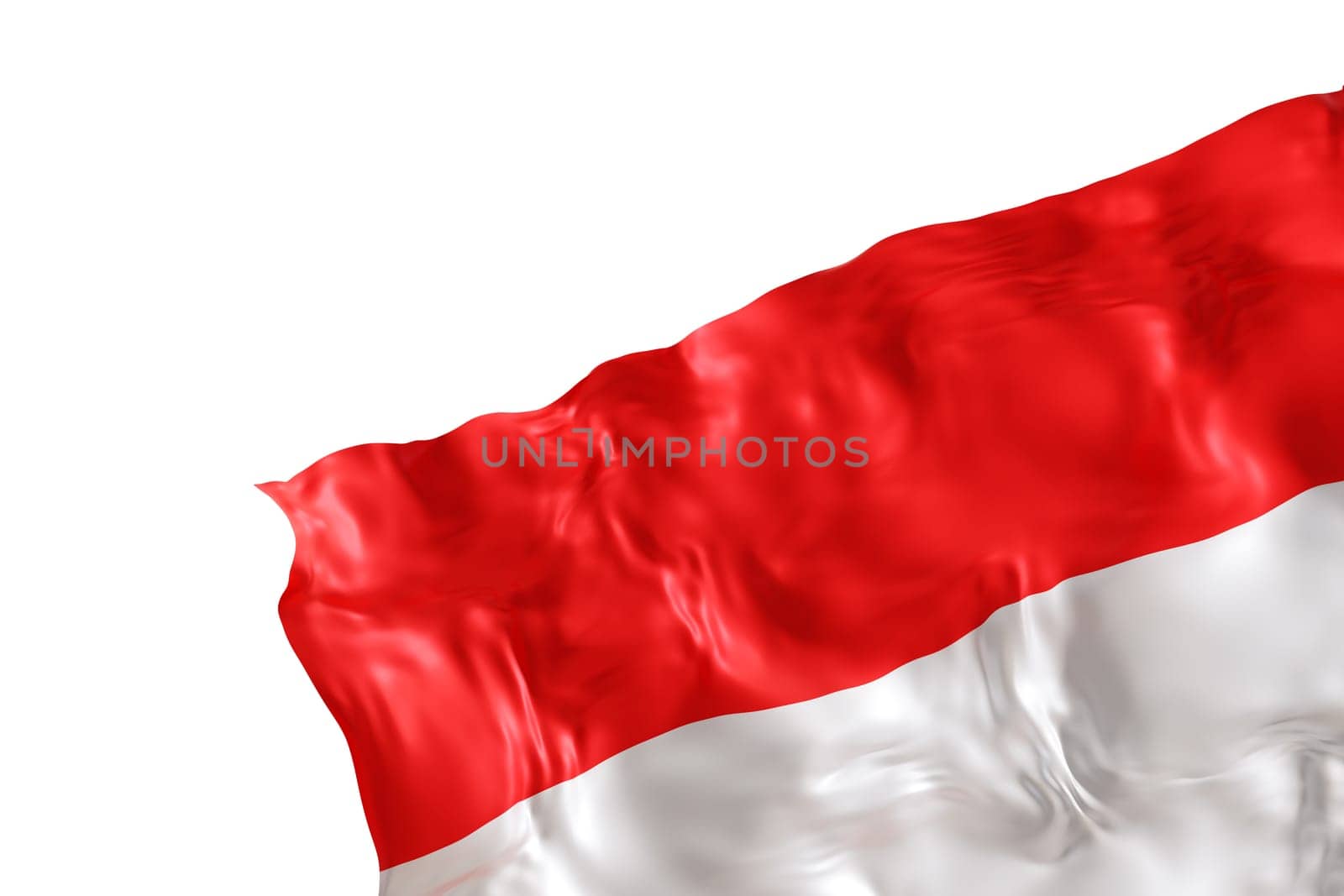 Realistic flag of Indonesia with folds, isolated on white background. Footer, corner design element. Cut out. Perfect for patriotic themes or national event promotions. Empty, copy space. 3D render