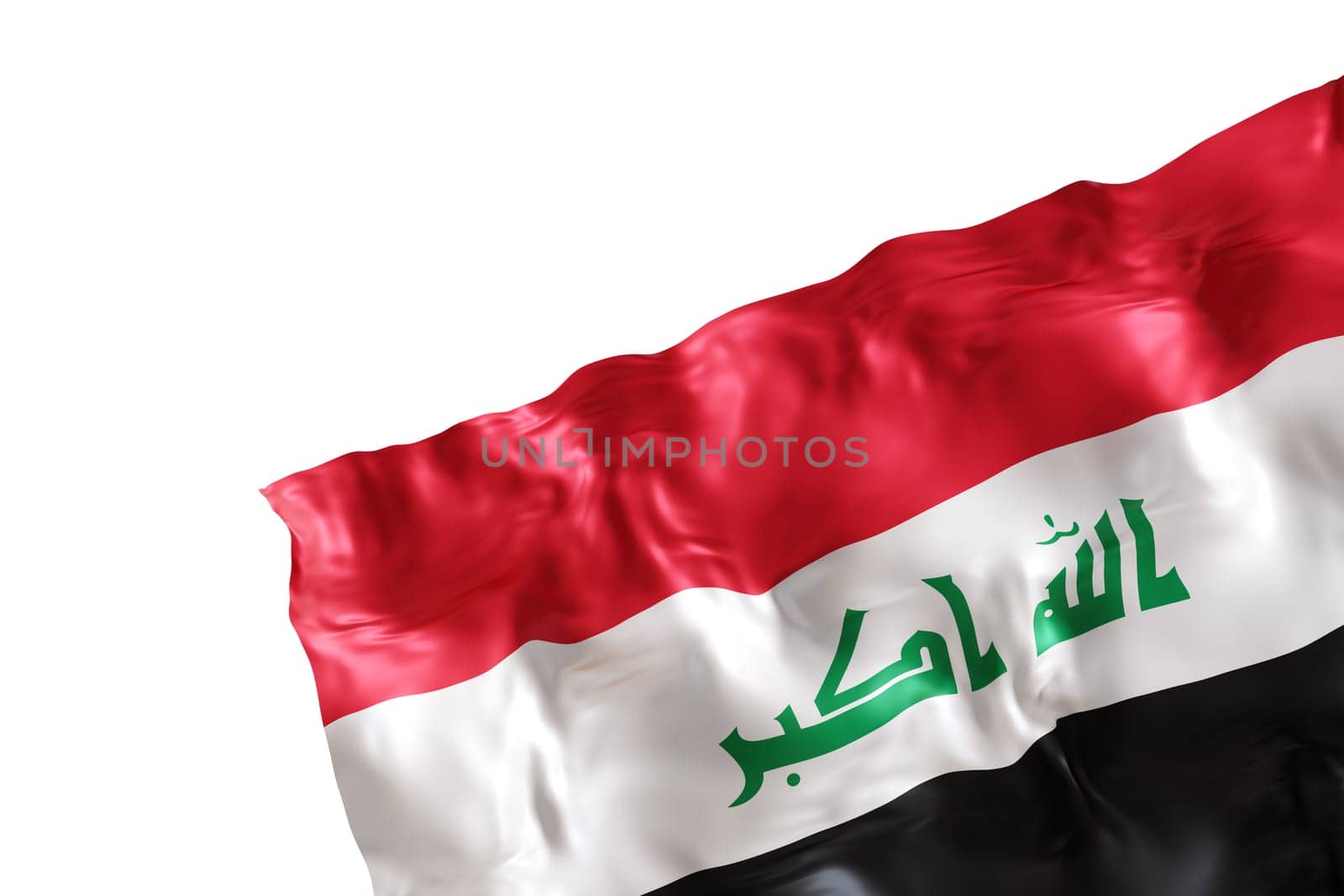 Realistic flag of Iraq with folds, isolated on white background. Footer, corner design element. Cut out. Perfect for patriotic themes or national event promotions. Empty, copy space. 3D render. by creativebird