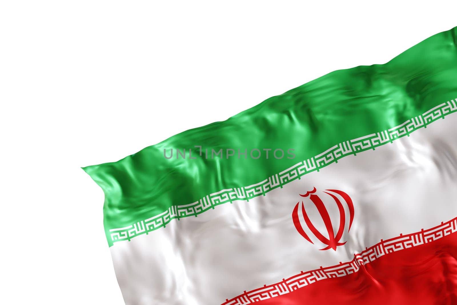 Realistic flag of Iran with folds, isolated on white background. Footer, corner design element. Cut out. Perfect for patriotic themes or national event promotions. Empty, copy space. 3D render. by creativebird